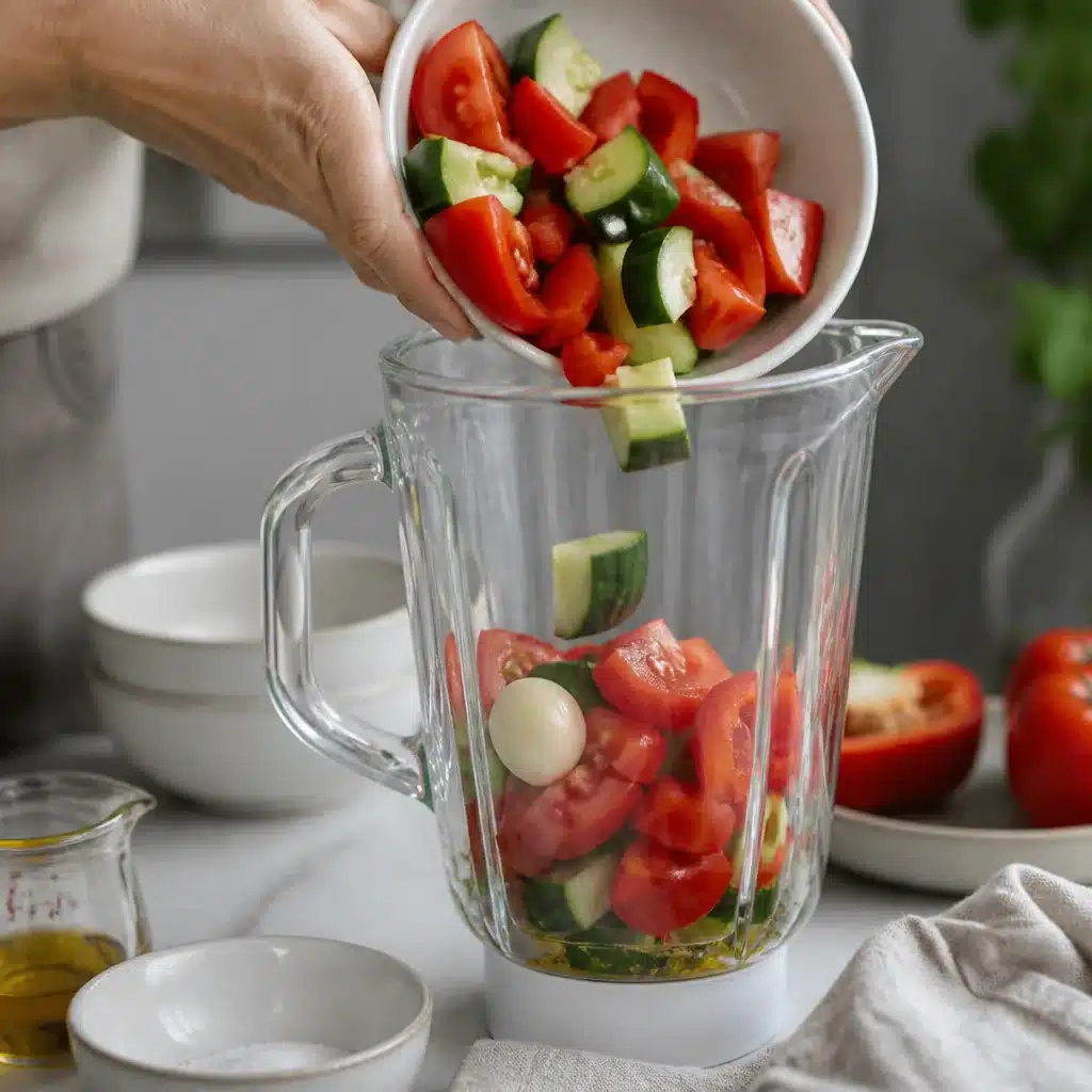 Chopped tomatoes, cucumber, and pepper going into a blender to make cold tomato soup