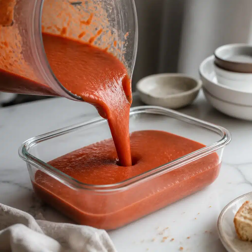 Smooth blended cold tomato soup poured into a container to chill