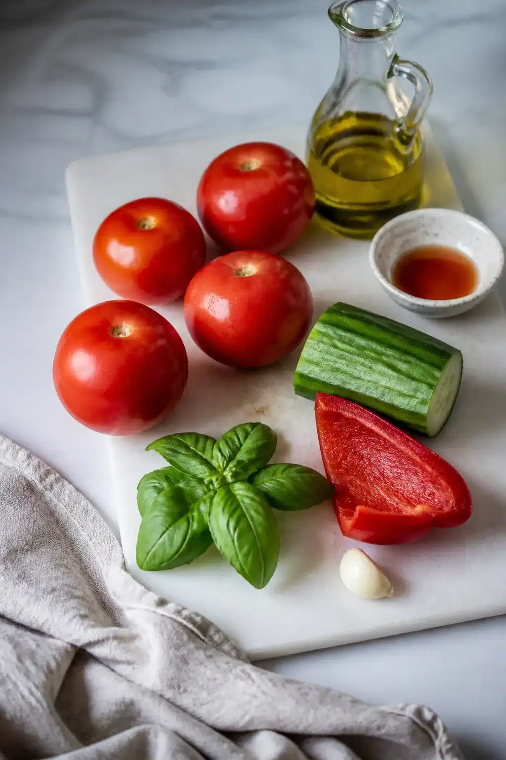 Fresh tomatoes, cucumber, red bell pepper, garlic, basil, and olive oil for cold tomato soup