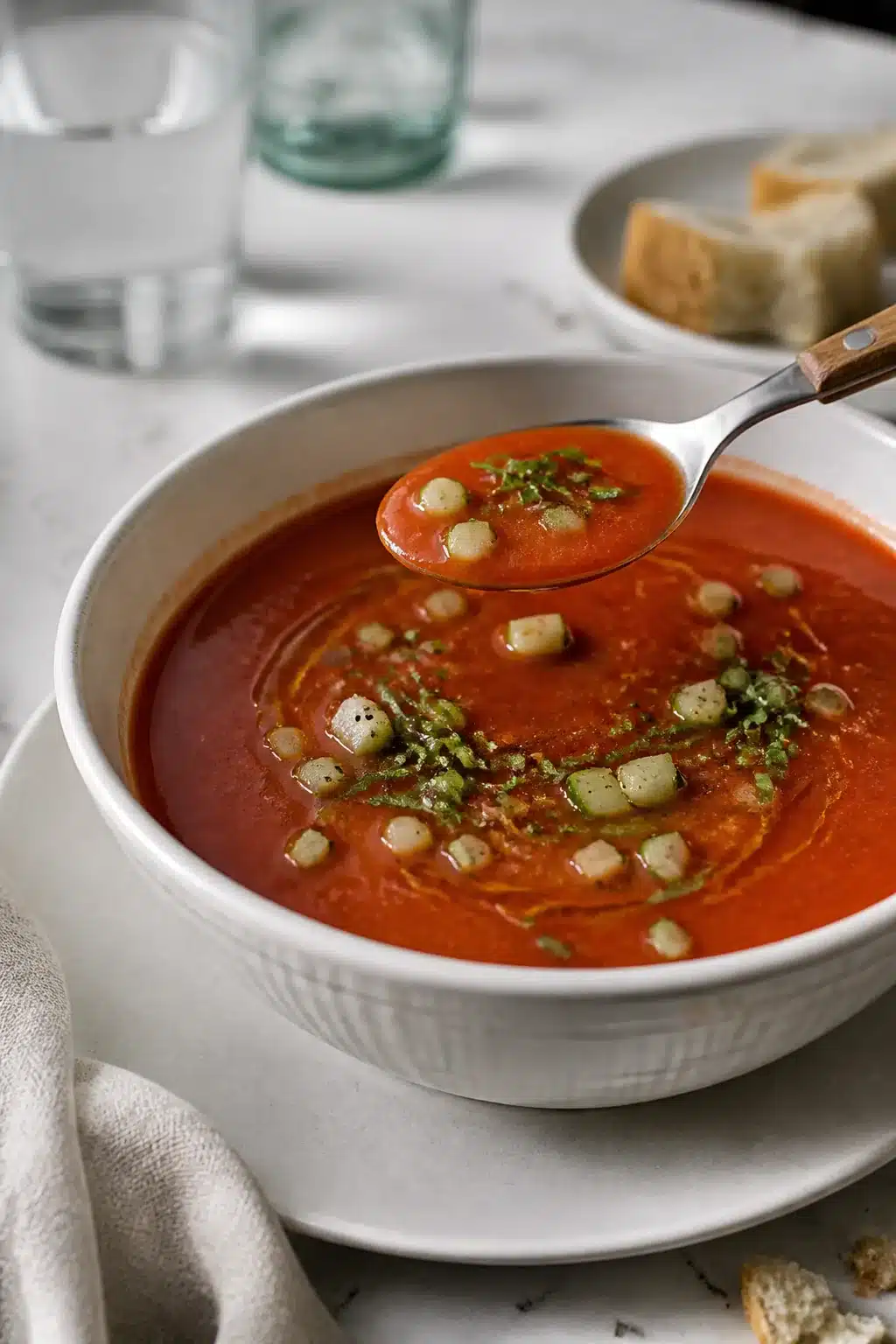 A spoonful of chilled cold tomato soup lifted from a garnished bowl
