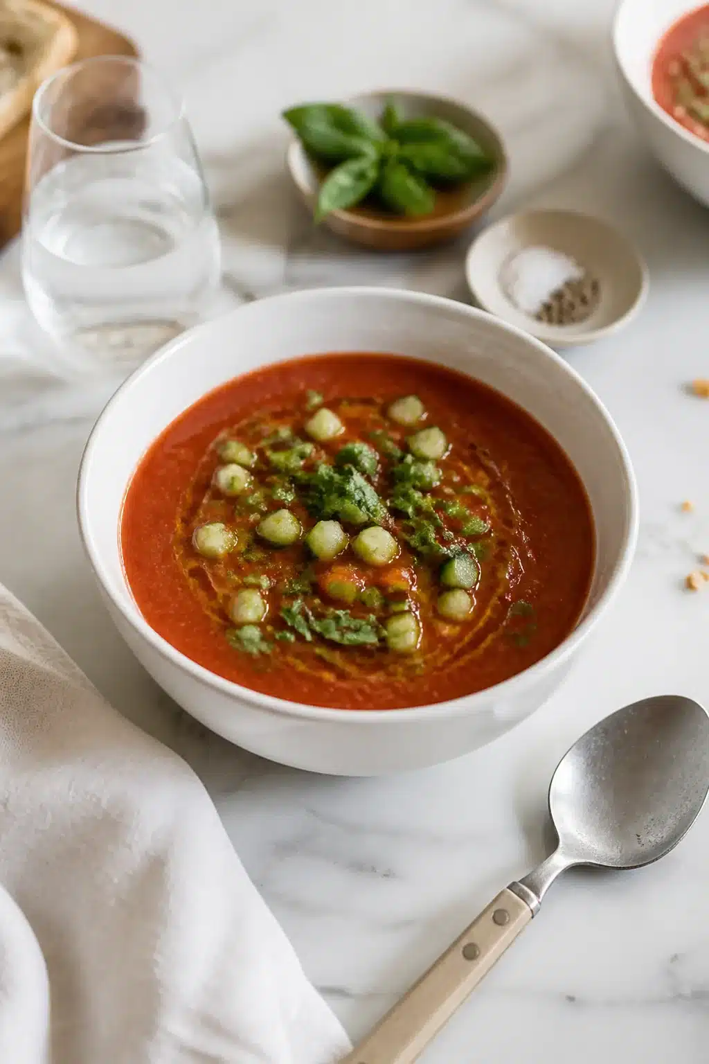 A bowl of cold tomato soup topped with olive oil, diced cucumber, and fresh basil