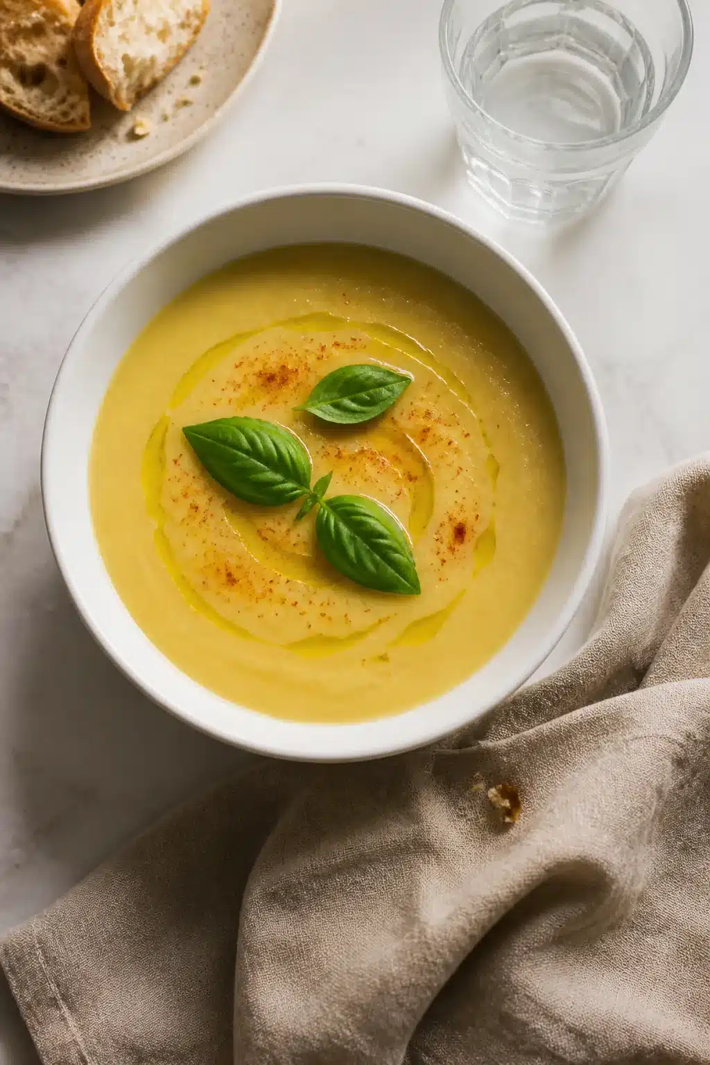 Bowl of creamy summer squash soup topped with fresh basil and olive oil drizzle