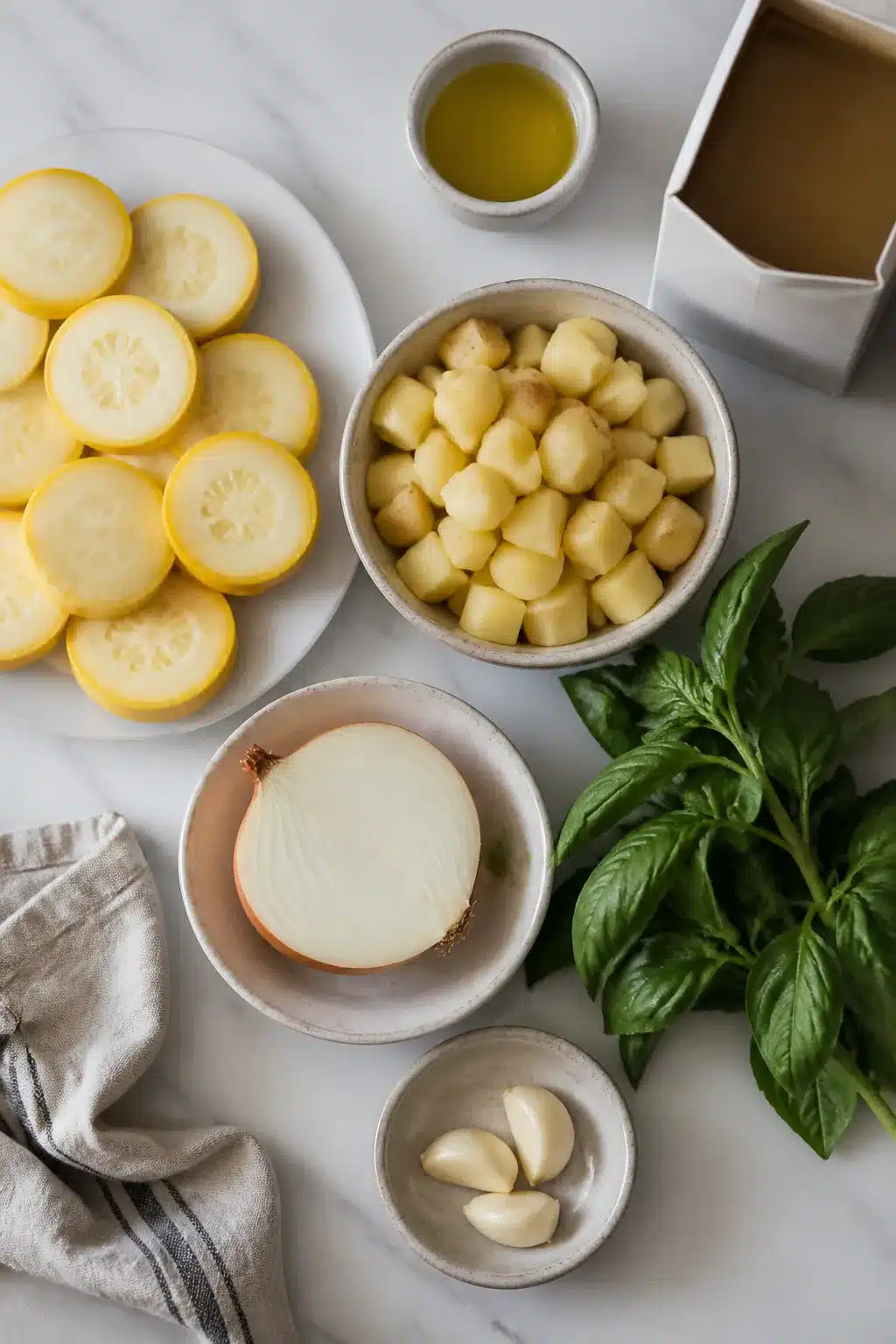 Ingredients for creamy summer squash soup arranged on marble including yellow squash, garlic, potato, and fresh basil