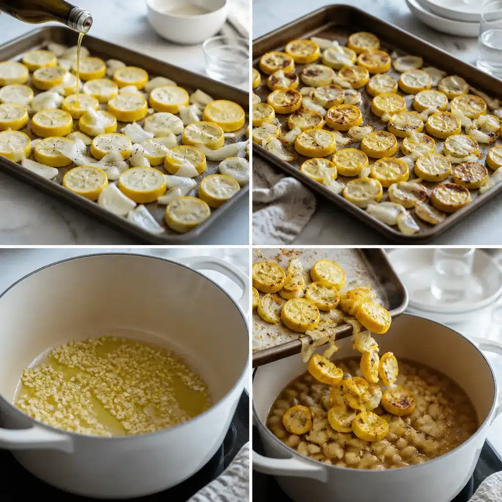 Step-by-step process of making summer squash soup: roasting squash, sauteing garlic, and building the soup