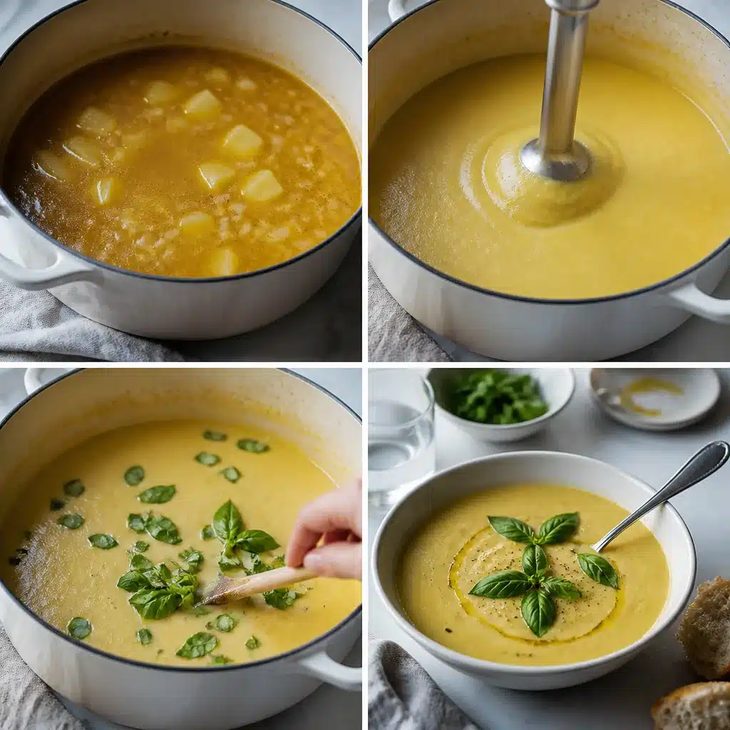 Steps for finishing summer squash soup: simmering, blending, adding basil, and serving