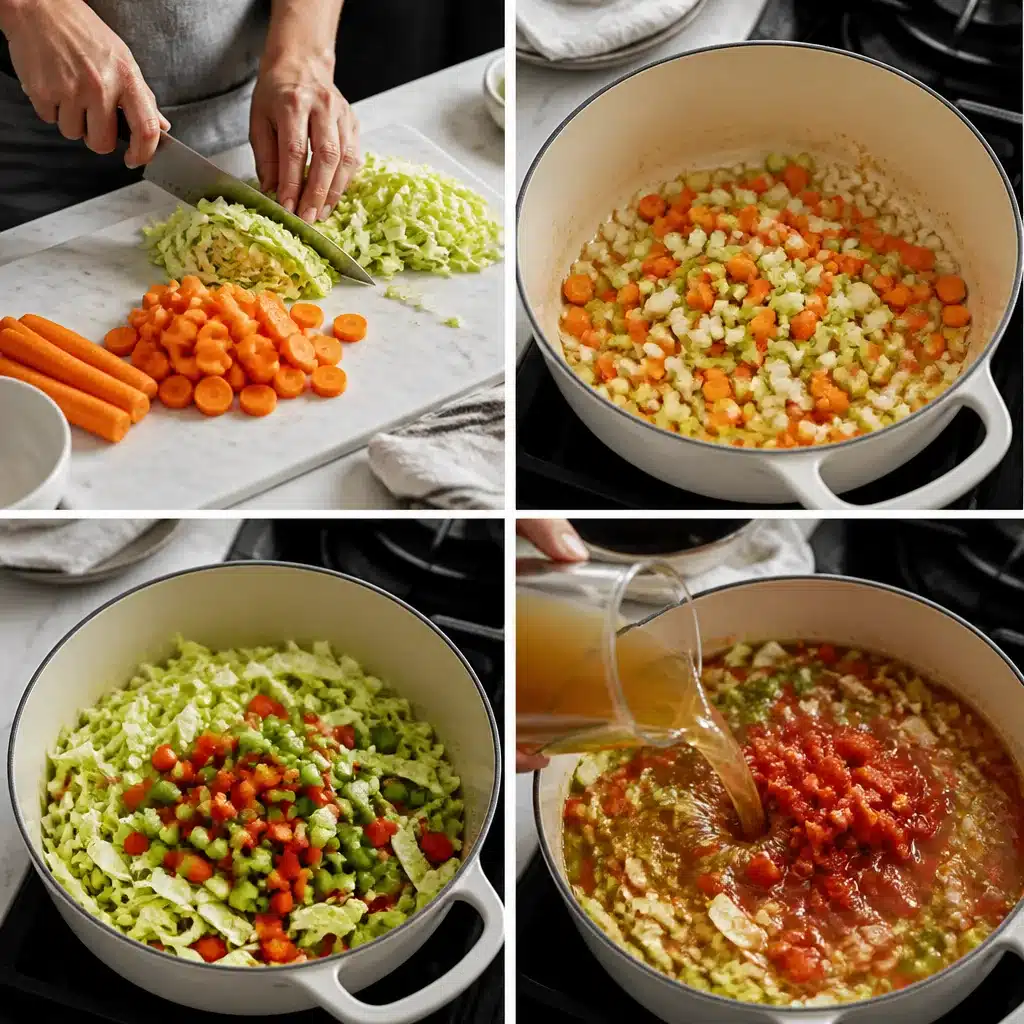 Steps for making low calorie cabbage soup: chopping vegetables, sauteing aromatics, adding cabbage, and pouring in broth.
