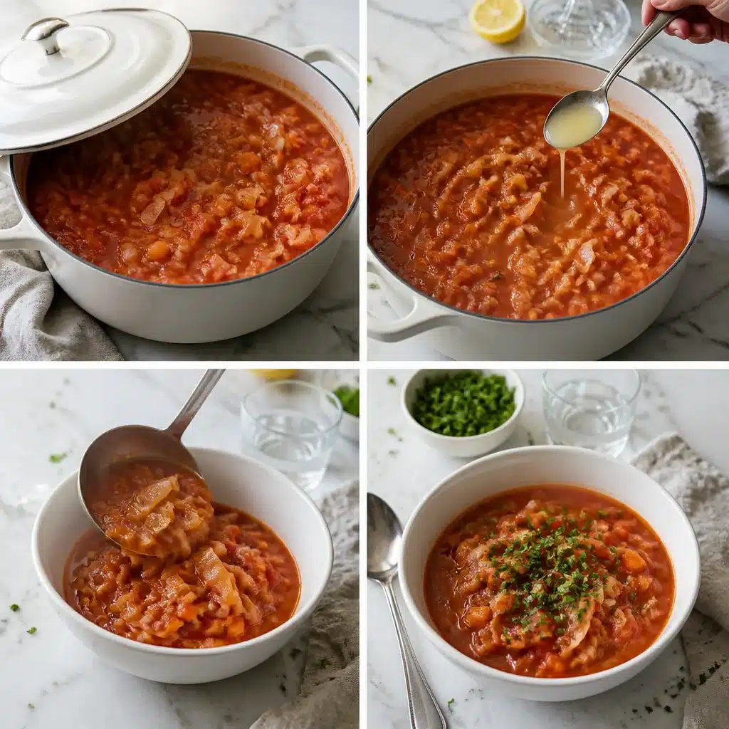 Finishing low calorie cabbage soup: simmering, stirring in lemon juice, ladling, and garnishing with parsley.
