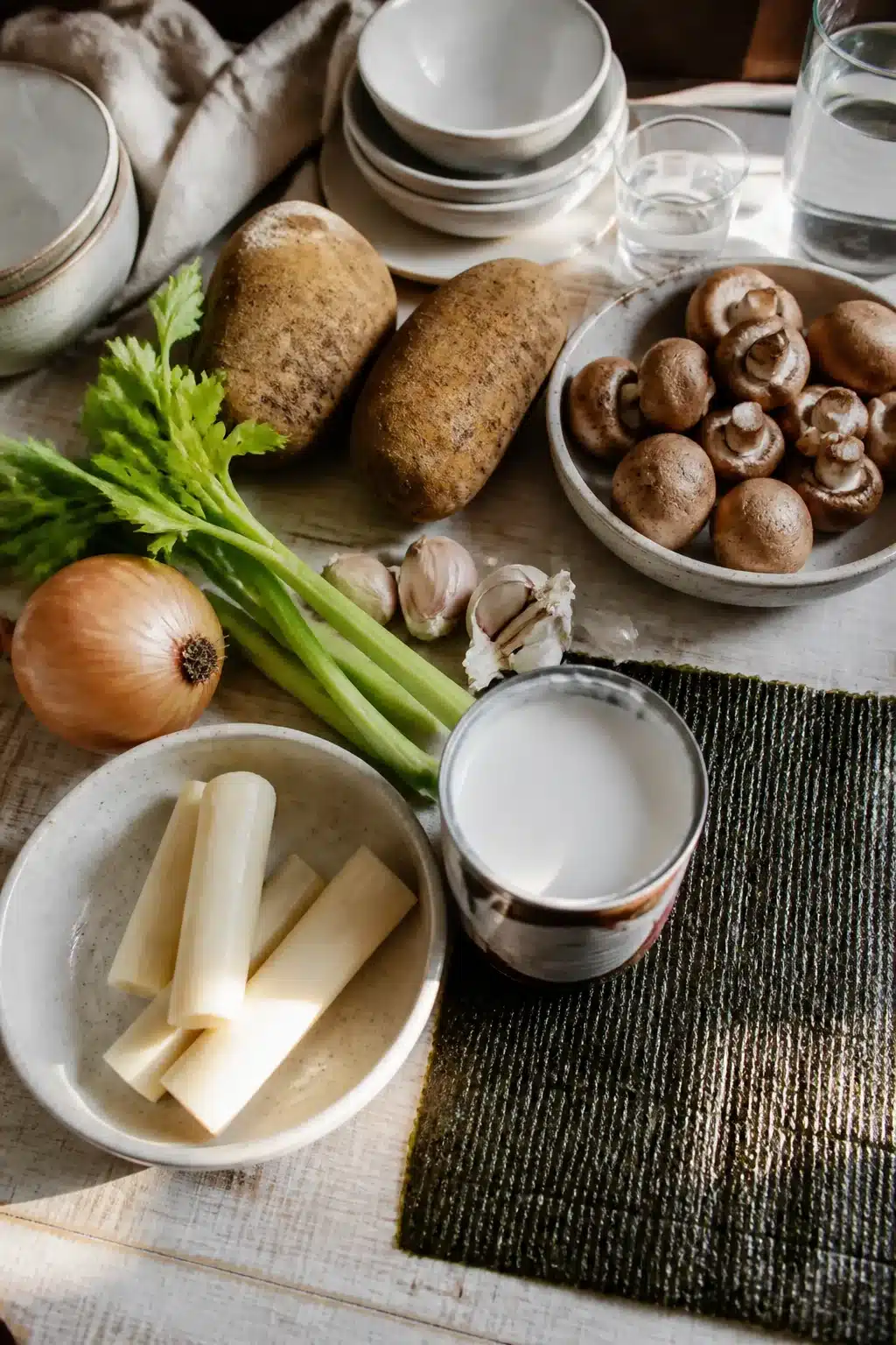 Ingredients for vegan clam chowder including hearts of palm, cremini mushrooms, potatoes, nori, and coconut milk on a wood surface