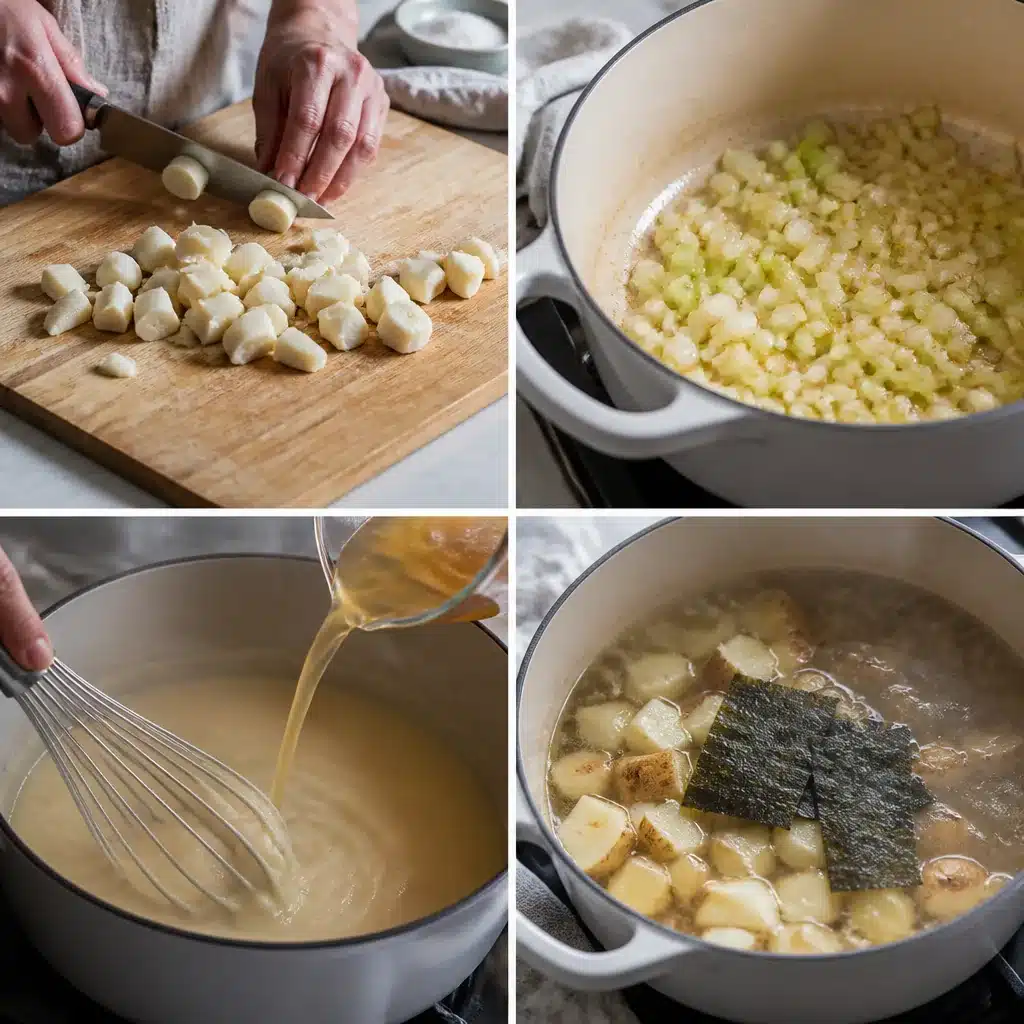 4-panel step-by-step guide showing early steps of making vegan clam chowder