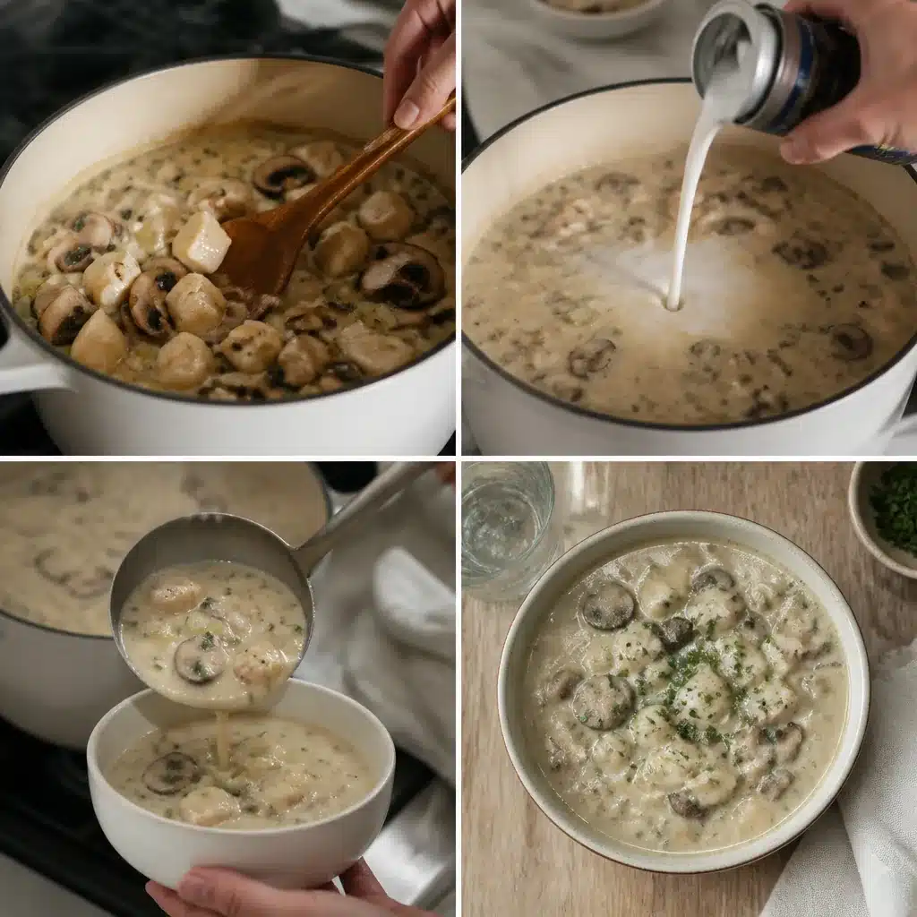 4-panel guide showing final steps of vegan clam chowder including adding coconut milk and serving