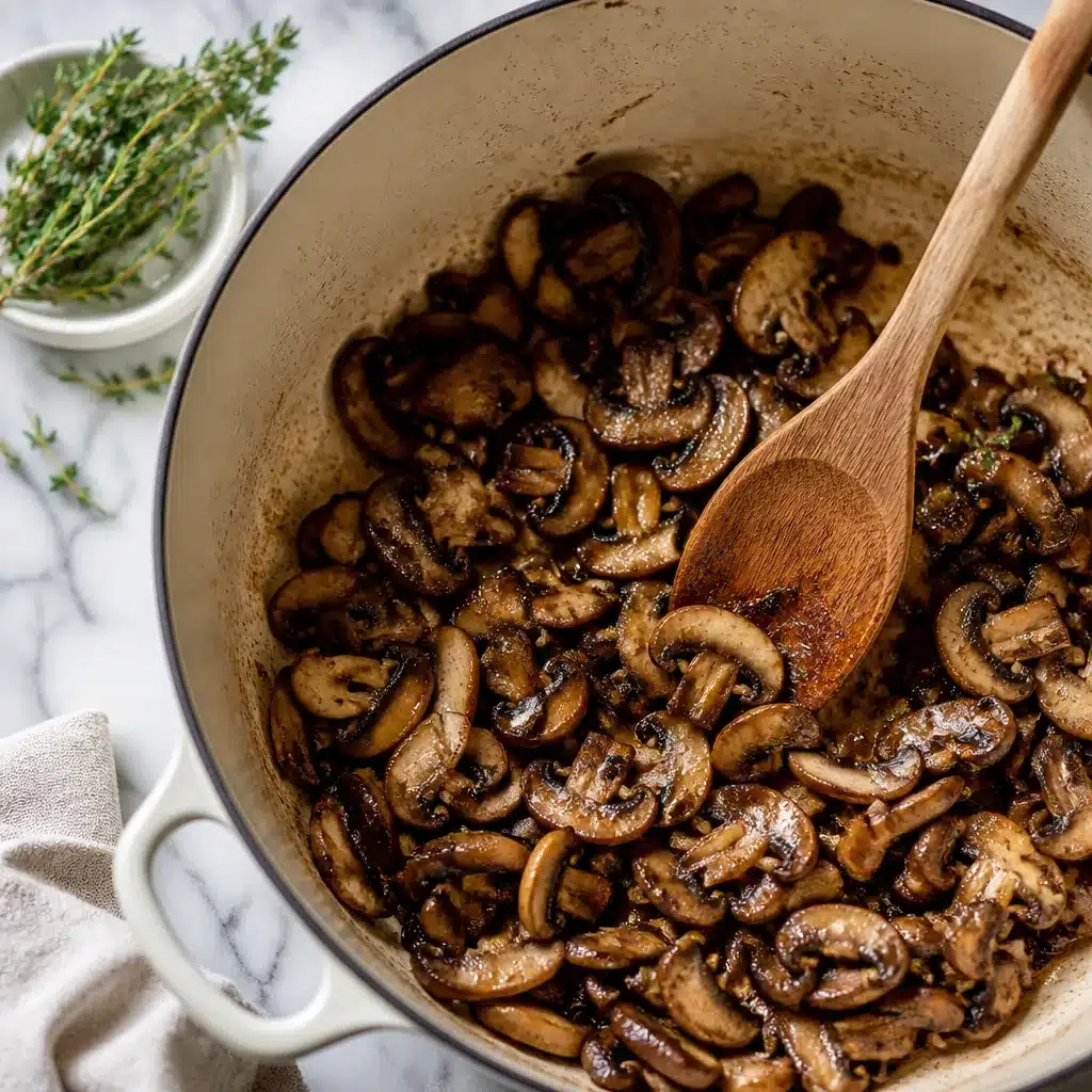 Sliced mushrooms browning in a pot for vegan mushroom soup