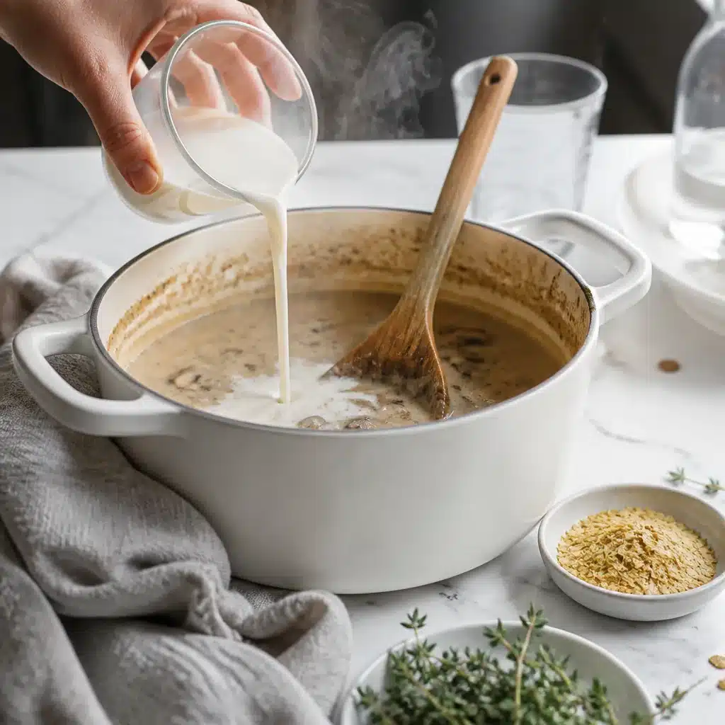 Stirring plant milk into creamy vegan mushroom soup in a pot