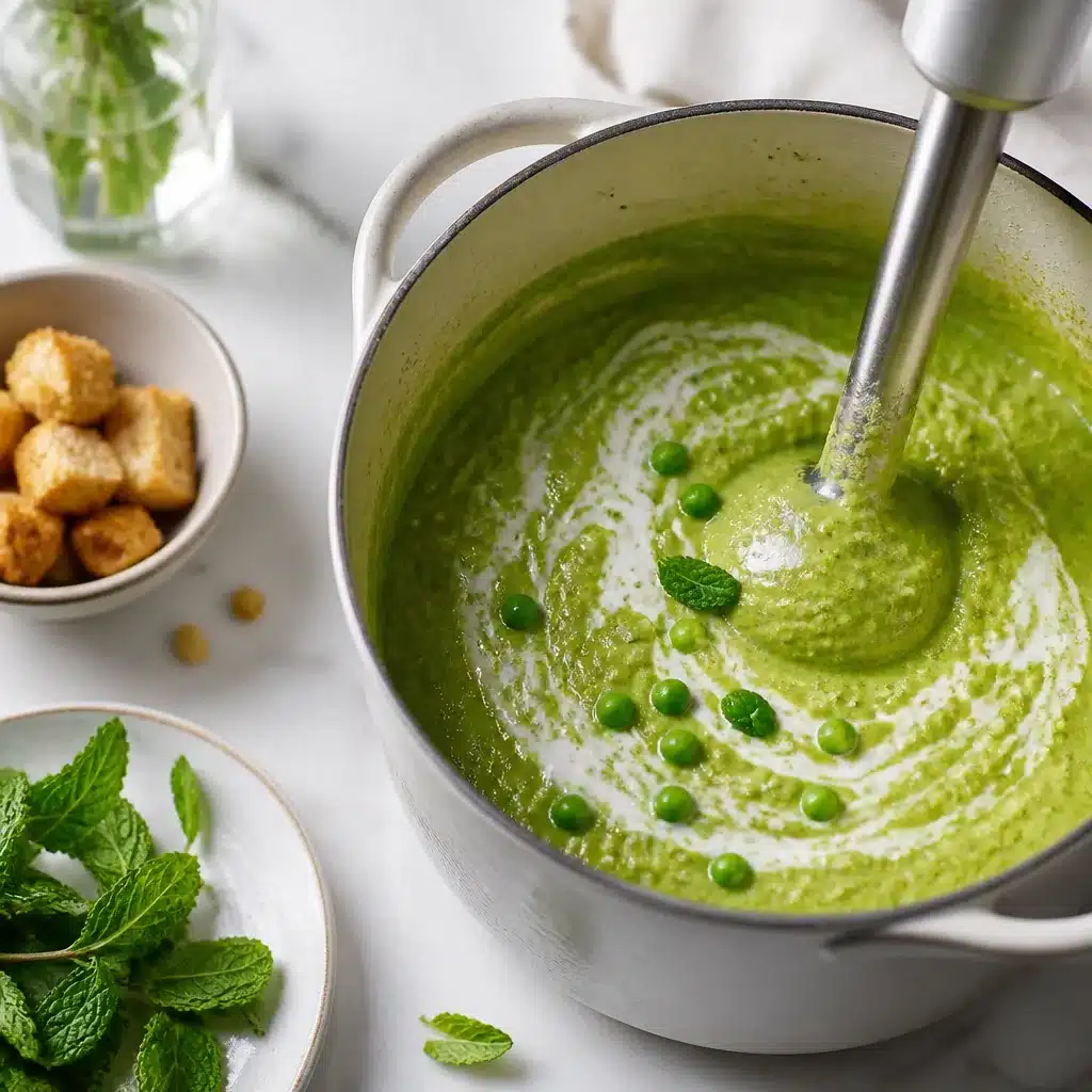Immersion blender pureeing bright green vegan pea soup with a swirl of coconut milk