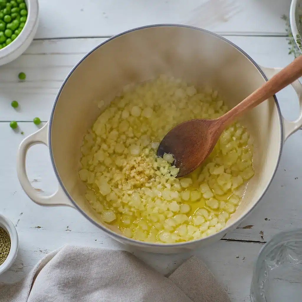 Diced onion and garlic softening in olive oil in a pot for vegan green pea soup