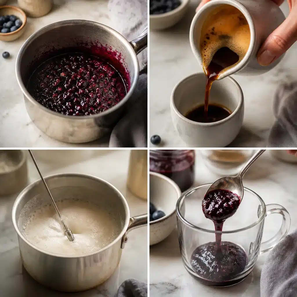 Step-by-step grid showing blueberry compote simmering, coffee brewing, milk frothing, and compote spooned into a mug
