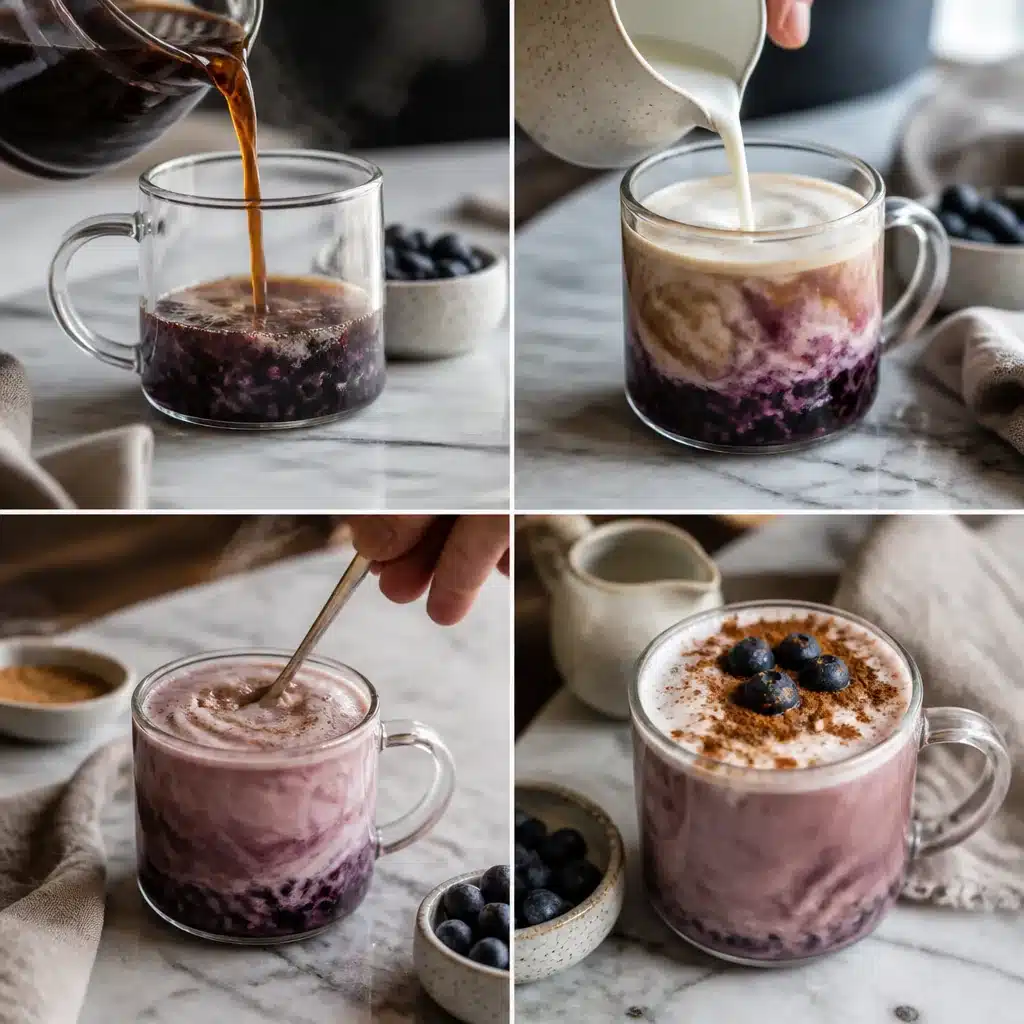 Step-by-step grid showing coffee and milk layered into a blueberry latte, swirled, and topped with berries and cinnamon
