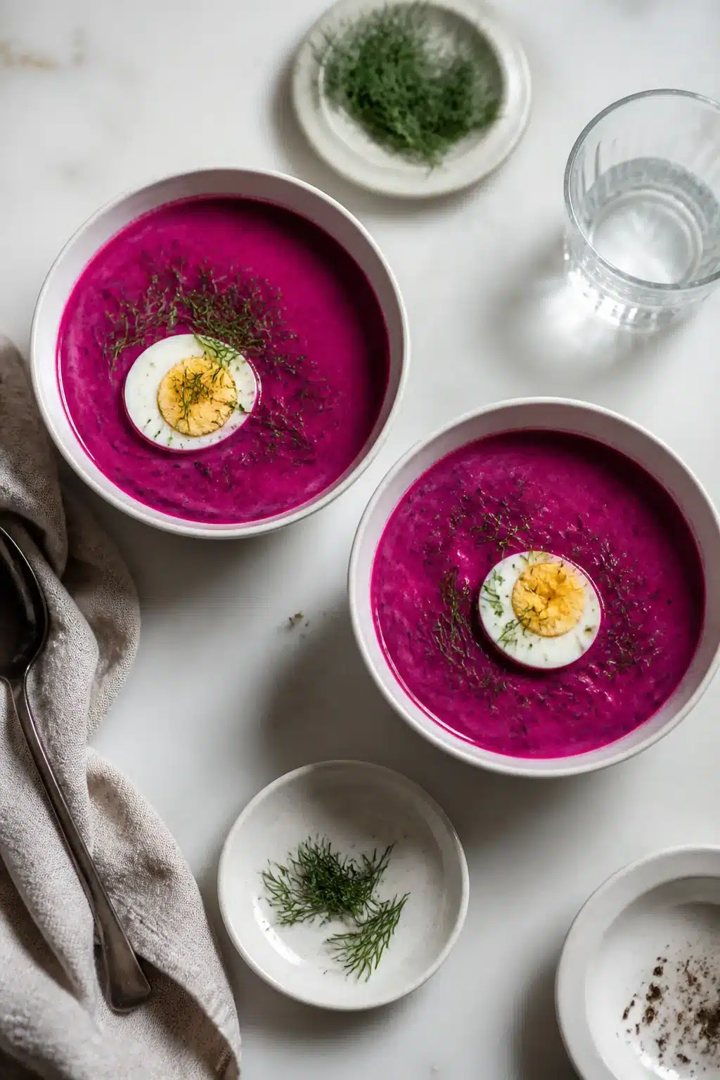 Two bowls of cold beet soup garnished with egg and dill served overhead
