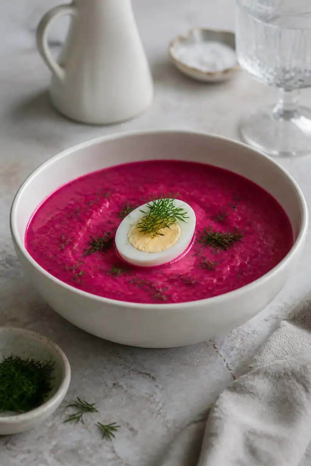 Bowl of cold beet soup topped with hard-boiled egg and fresh dill