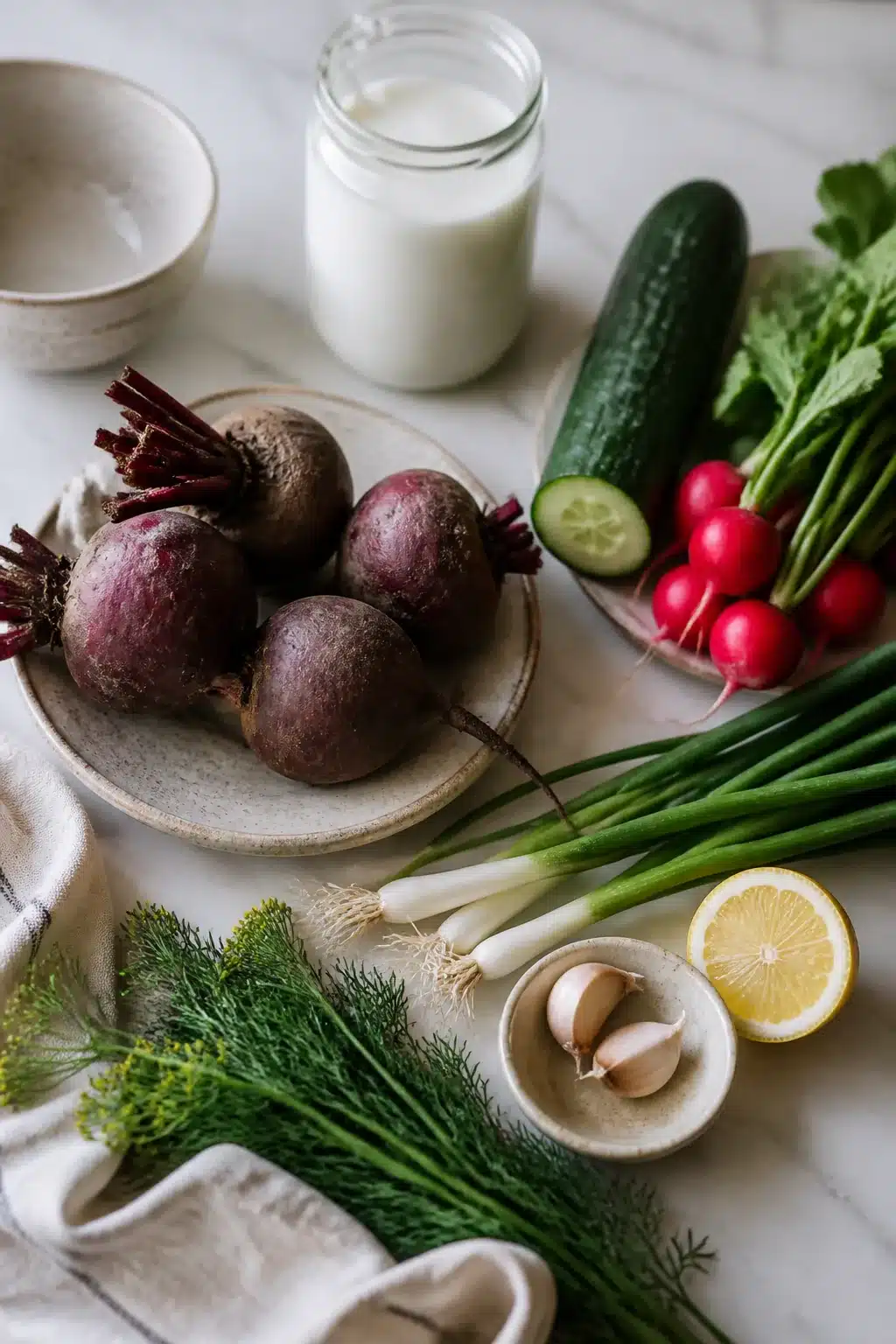 Ingredients for cold beet soup including beets, kefir, cucumber, radish, and dill