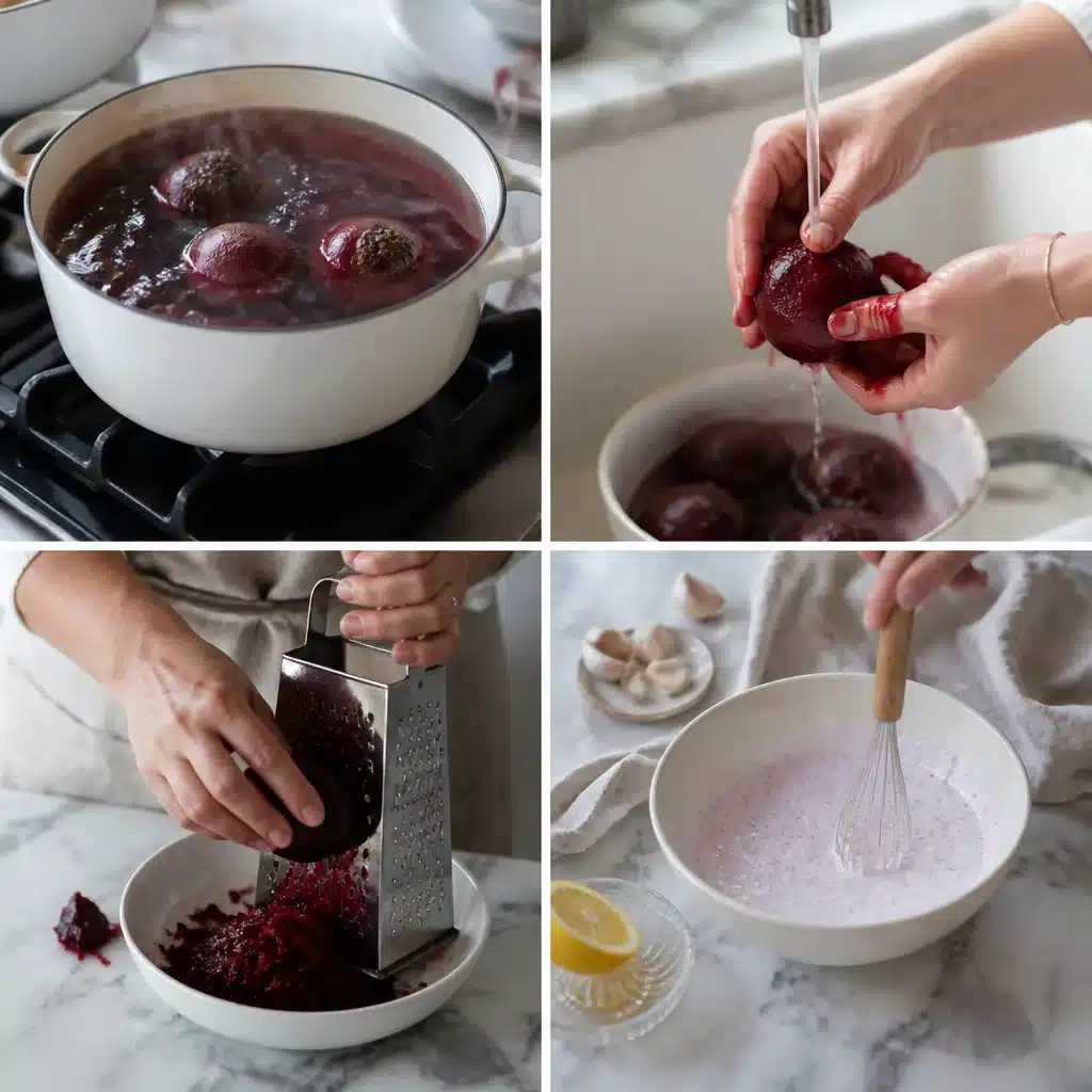 Step by step process of boiling, peeling, and grating beets for cold beet soup