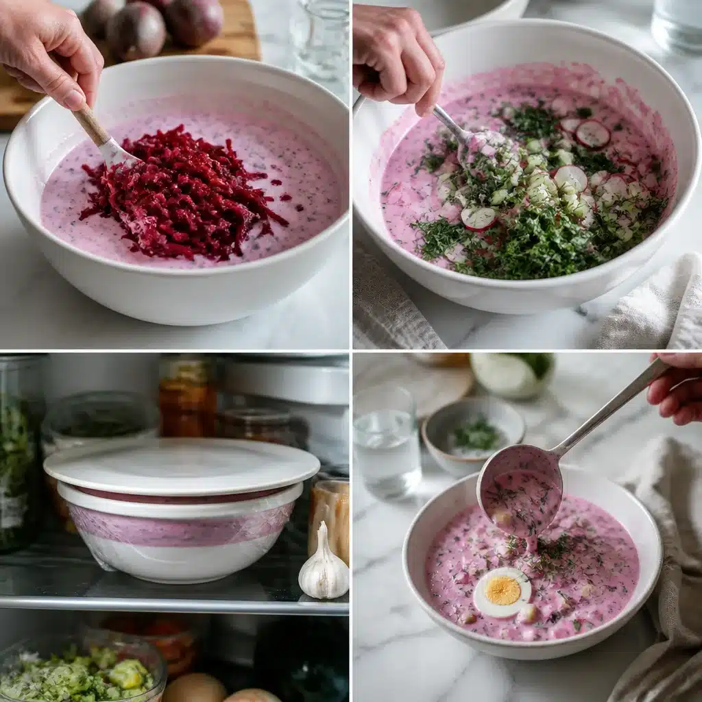 Step by step process of combining, chilling, and serving cold beet soup